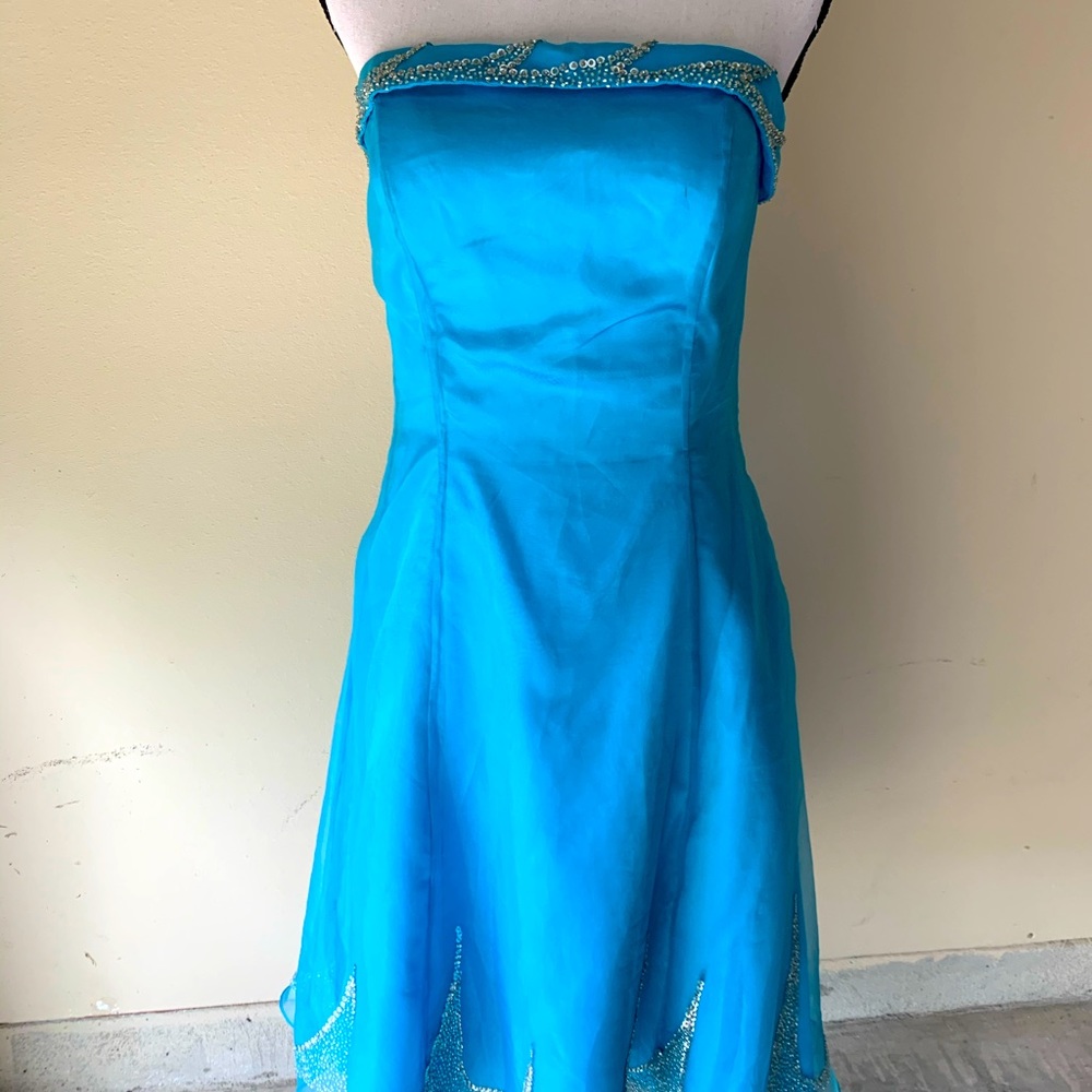 Strapless blue and rhinestone formal dress